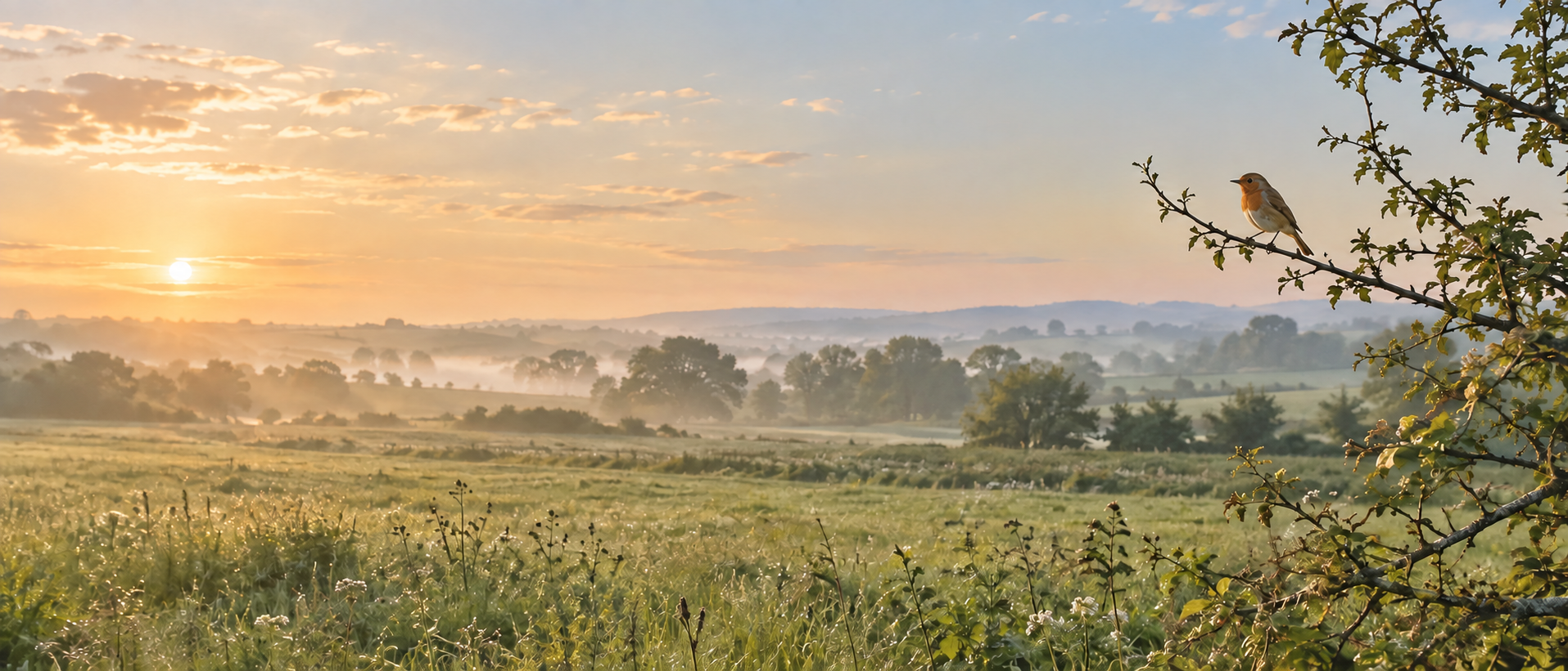 A robin overlooking a quiet English meadow at sunrise